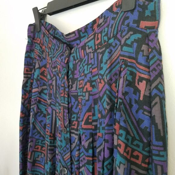 Vintage 80s Adini Geometric Rayon Pleated Soft Midi Button Front Prairie Skirt - Picture 6 of 8